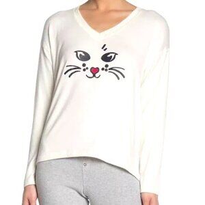 NWT FREE PRESS Kitty Cat Face V-neck Top Soft Long Sleeve Tee Ivory LG
